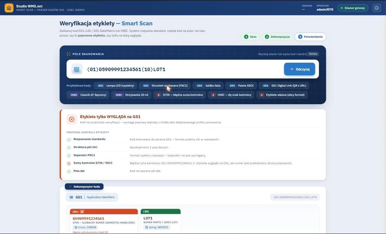 Studio WMS.net - komunikat o etykiecie, która tylko wygląda na GS1 z powodu błędnej cyfry kontrolnej GTIN