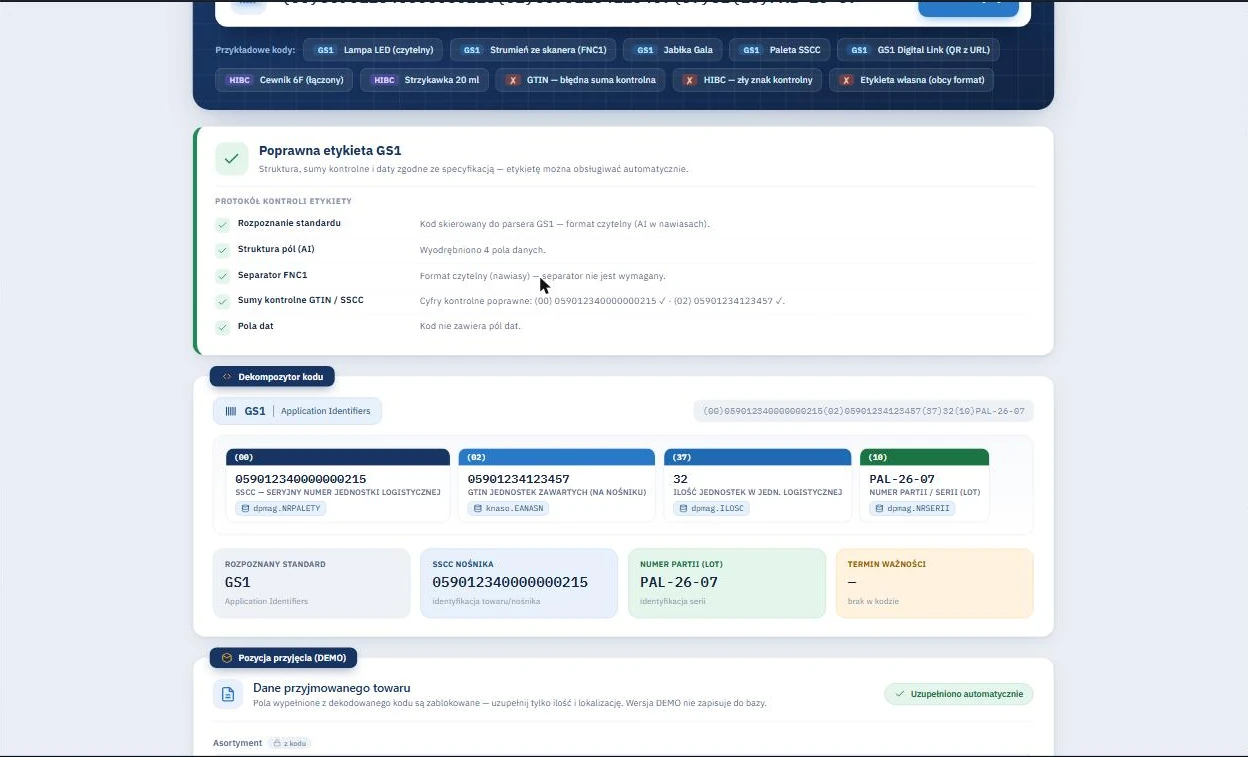Studio WMS.net - odczyt etykiety paletowej z numerem SSCC, GTIN nośnika, liczbą jednostek i numerem partii