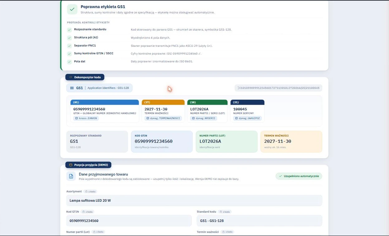 Studio WMS.net - dekompozycja kodu GS1-128 na cztery pola GTIN, termin ważności, numer partii i numer seryjny