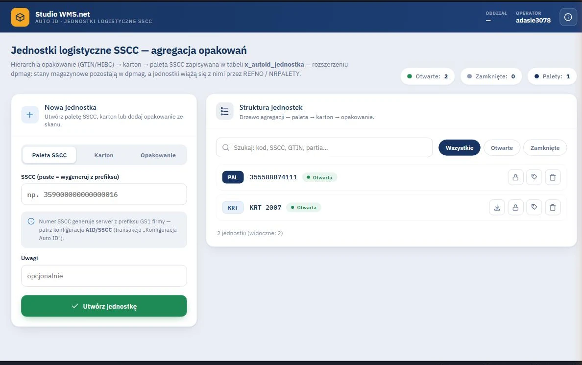Studio WMS.net - rejestr jednostek logistycznych SSCC z drzewem agregacji paleta, karton, opakowanie