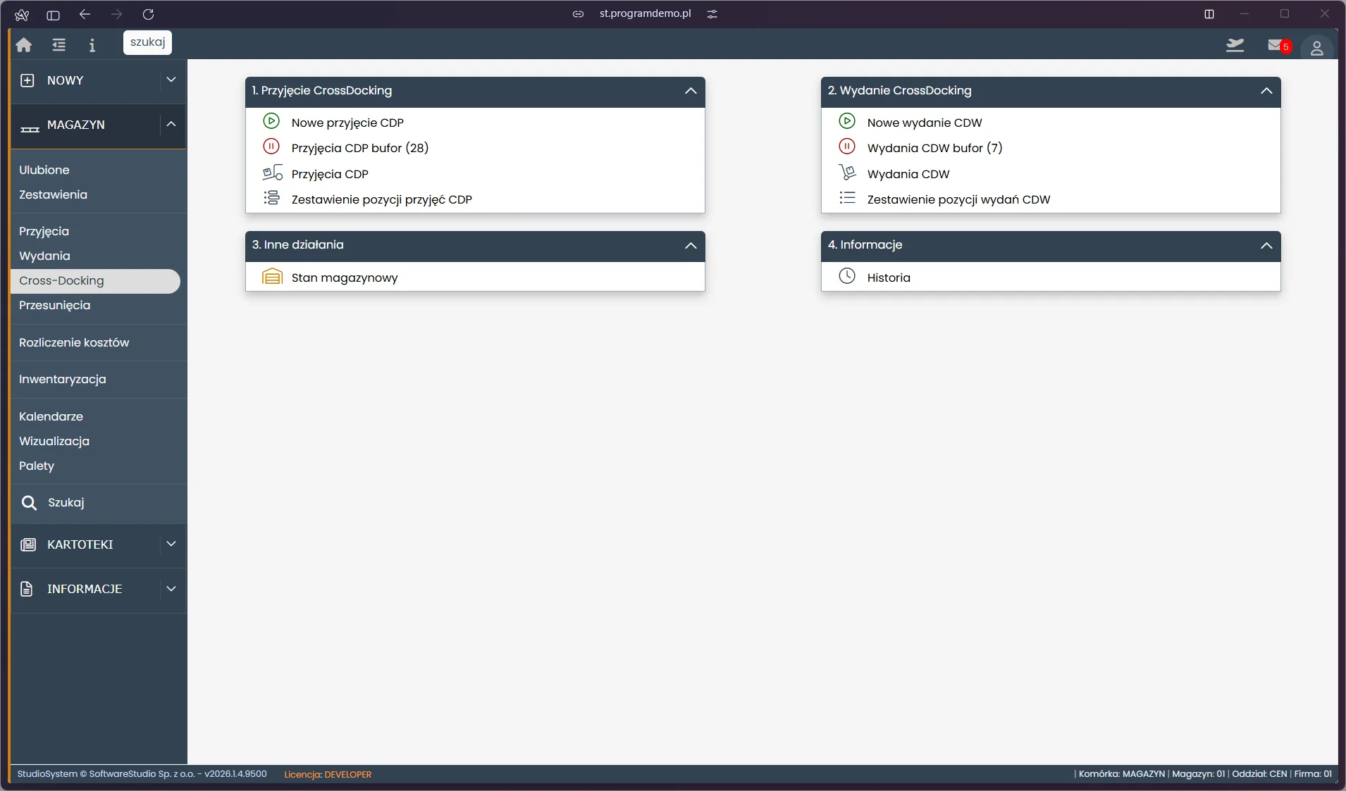 Studio WMS.net - menu sekcji Cross-Docking w module Magazyn z osobnymi rejestrami przyjęć i wydań