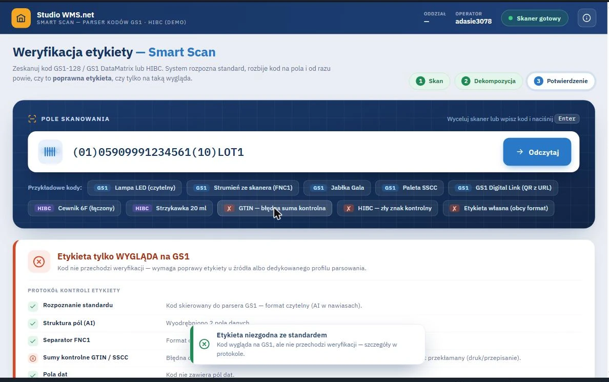 Studio WMS.net - komunikat o etykiecie niezgodnej ze standardem z powodu błędnej cyfry kontrolnej GTIN