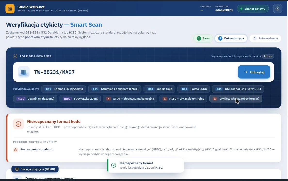 Studio WMS.net - komunikat o nierozpoznanym formacie kodu przy etykiecie wewnętrznej dostawcy