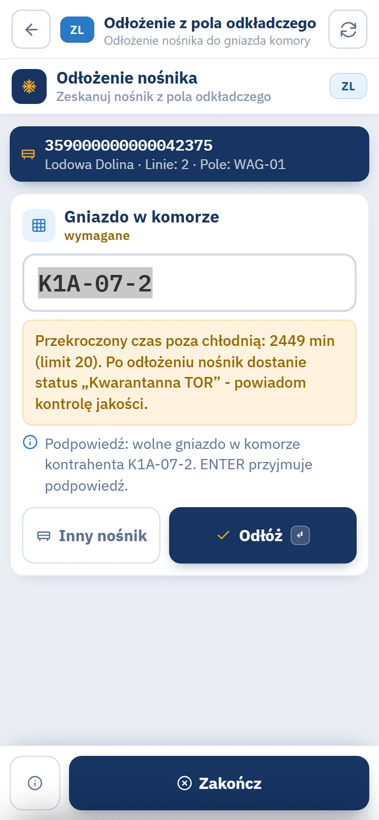 Terminal Studio WMS.net - odłożenie nośnika z podpowiedzią gniazda K1A-07-2 w komorze kontrahenta i ostrzeżeniem TOR