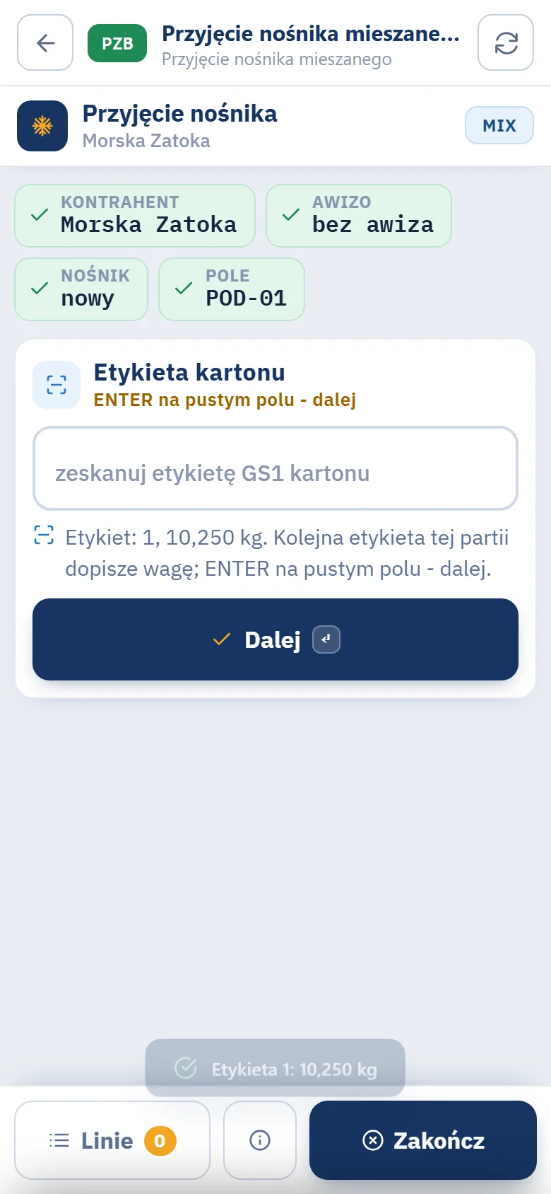 Terminal Studio WMS.net - krok Etykieta kartonu przy przyjęciu nośnika mieszanego z wagą pierwszej etykiety 10,250 kg