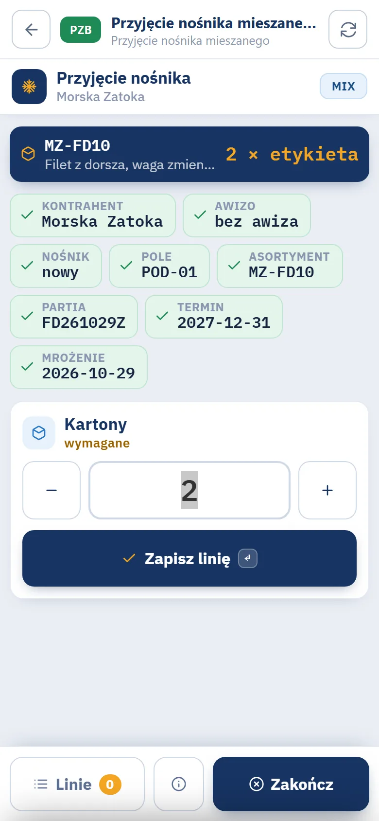 Terminal Studio WMS.net - krok Kartony z liczbą 2 i przyciskiem Zapisz linię po zeskanowaniu dwóch etykiet