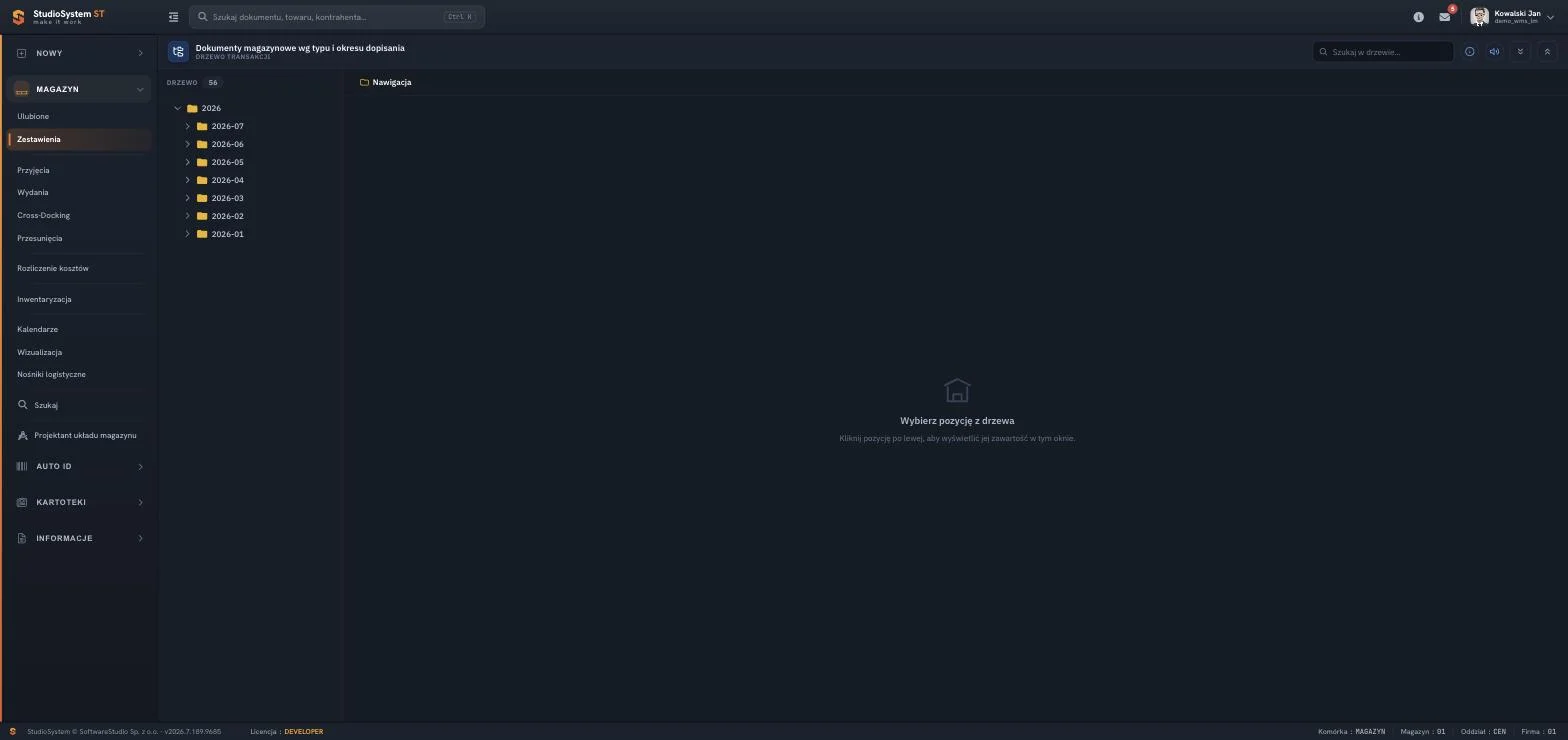 Studio WMS.net - drzewo zestawień z dokumentami magazynowymi pogrupowanymi wg roku i miesiąca